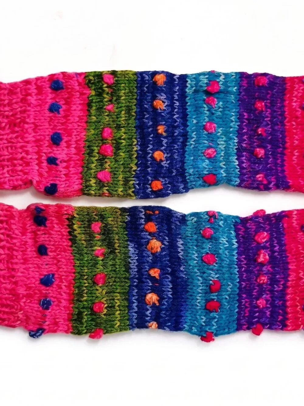 Hand-knitted, multicolored, warm winter leg warmers